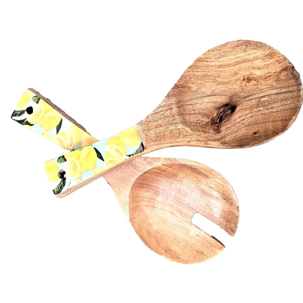 Set 2 Lemon Print Wood Fork Spoon Salad SERVING Utensils Teal Blue Yellow
